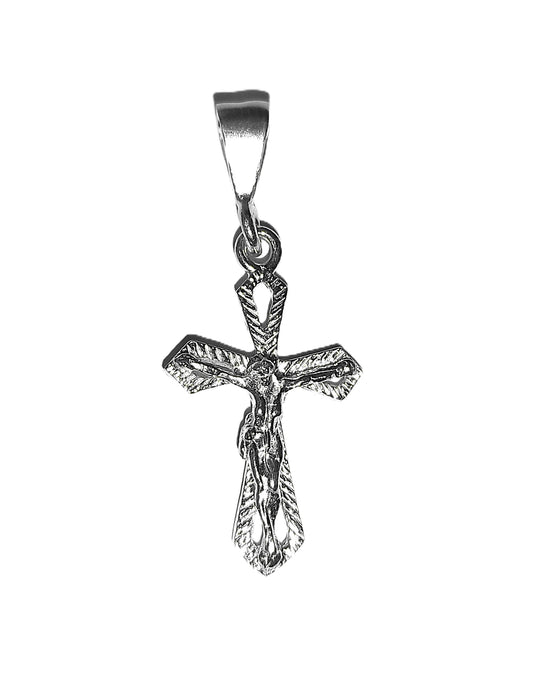 Dije de Plata .925 - Crucifijo Brazos Biselados Punta Diamante con Textura de Hojas
