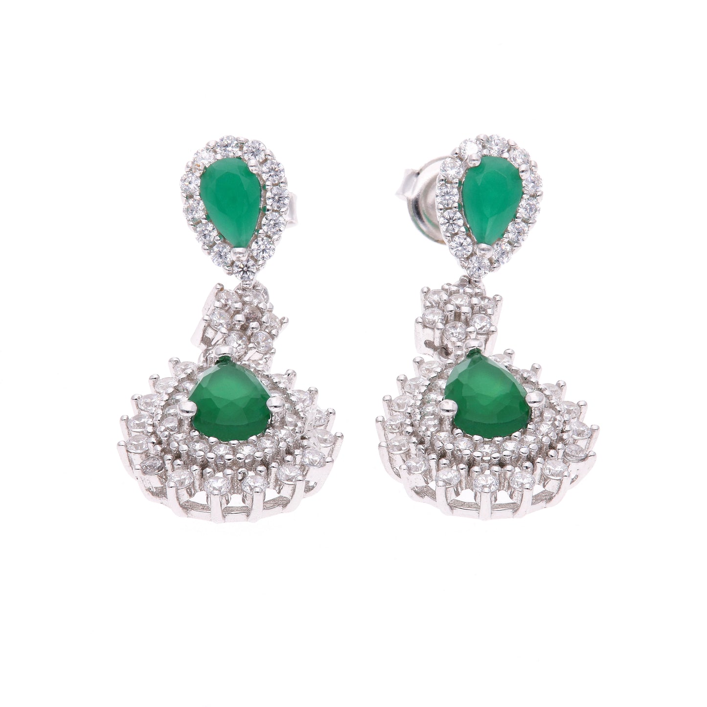 ARETES EN PLATA LEY .925, CON RODIO , ZIRCONIA AAA VERDE ESMERALDA Y BLANCO