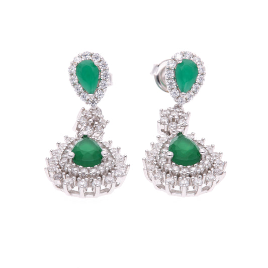 ARETES EN PLATA LEY .925, CON RODIO , ZIRCONIA AAA VERDE ESMERALDA Y BLANCO