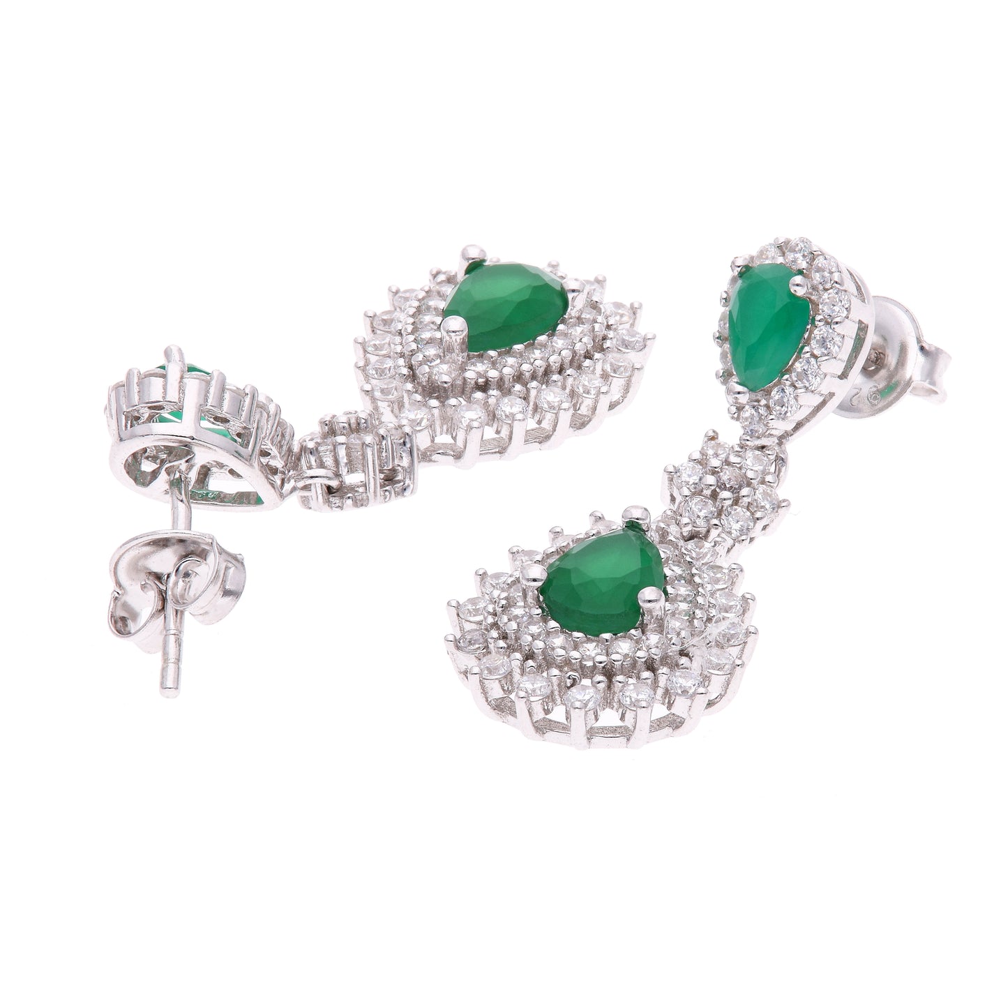 ARETES EN PLATA LEY .925, CON RODIO , ZIRCONIA AAA VERDE ESMERALDA Y BLANCO