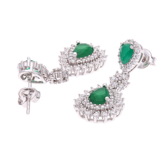 ARETES EN PLATA LEY .925, CON RODIO , ZIRCONIA AAA VERDE ESMERALDA Y BLANCO