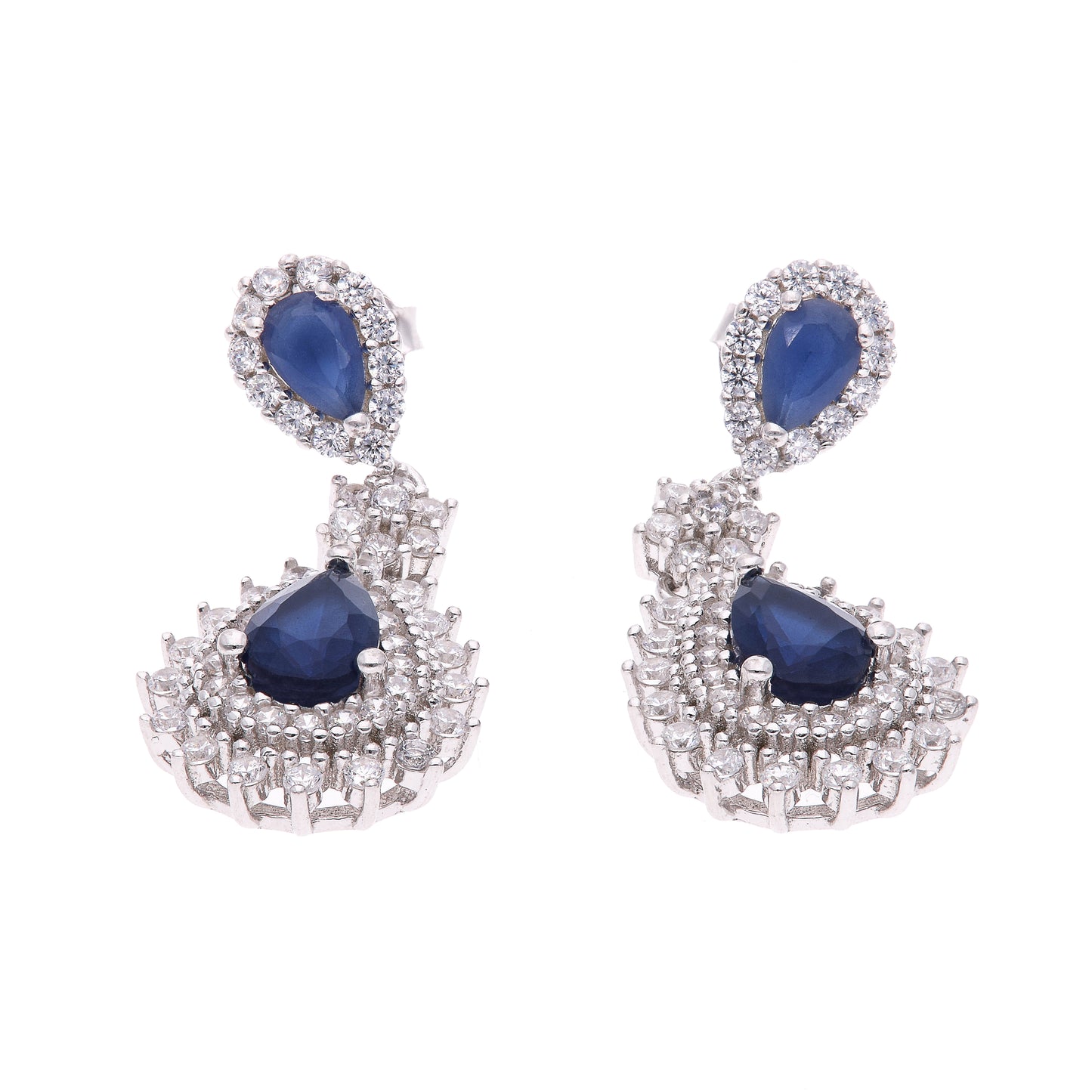 ARETES EN PLATA LEY .925, CON RODIO , ZIRCONIA AAA AZUL ZAFIRO Y BLANCO , REDONDO