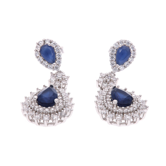 ARETES EN PLATA LEY .925, CON RODIO , ZIRCONIA AAA AZUL ZAFIRO Y BLANCO , REDONDO