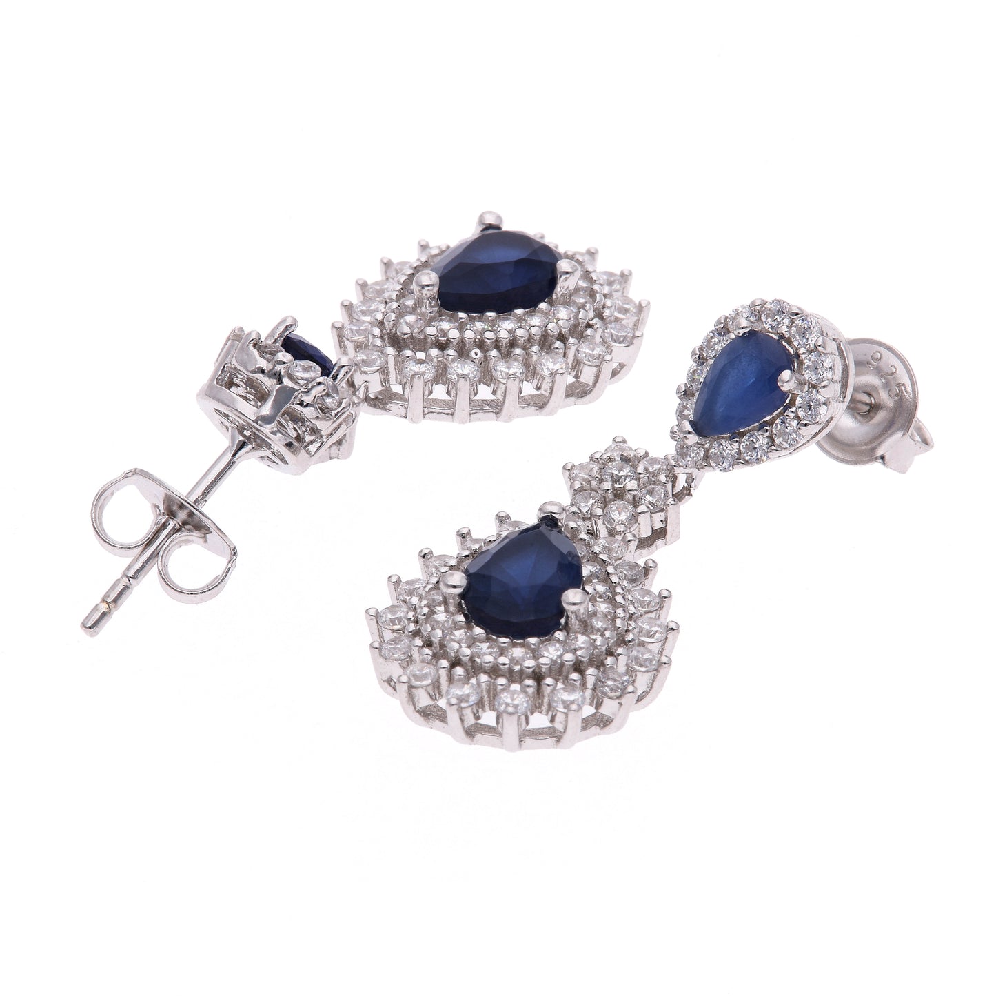 ARETES EN PLATA LEY .925, CON RODIO , ZIRCONIA AAA AZUL ZAFIRO Y BLANCO , REDONDO