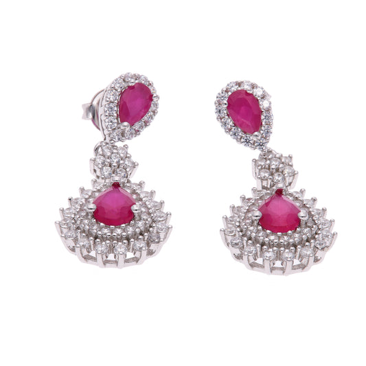 ARETES EN PLATA LEY .925, CON RODIO , ZIRCONIA AAA ROJO RUBI Y BLANCO
