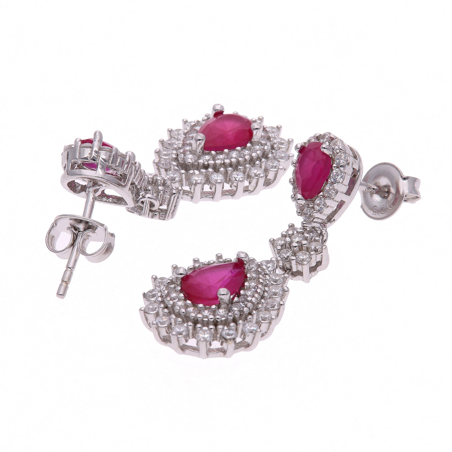 ARETES EN PLATA LEY .925, CON RODIO , ZIRCONIA AAA ROJO RUBI Y BLANCO
