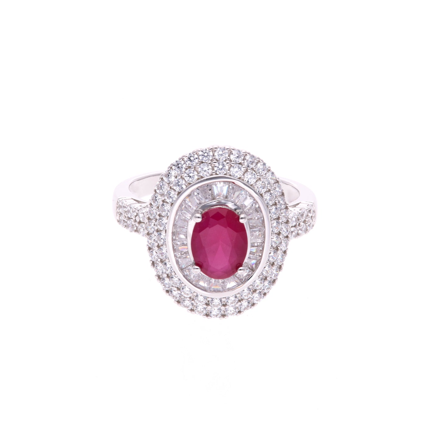 Anillo Plata Ley.925 con Rodio y Zirconia AAA Color Rojo Rubí y Blanco Ovalado