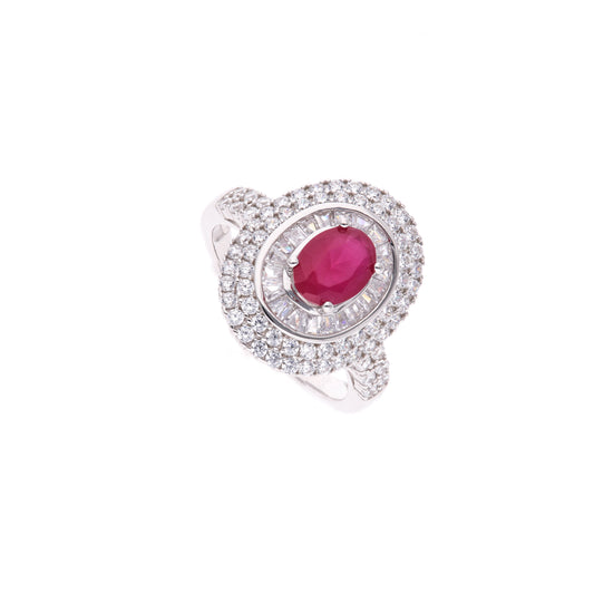 Anillo Plata Ley 925 con Rodio y Zirconia AAA Color Rojo Rubí y Blanco Ovalado