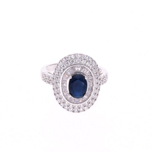 Anillo Plata Ley 925 con Rodio y Zirconia AAA Color Azul Zafiro y Blanco Ovalado