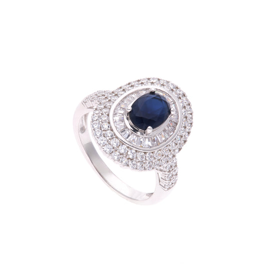 Anillo Plata Ley 925 con Rodio y Zirconia AAA Color Azul Zafiro y Blanco Ovalado