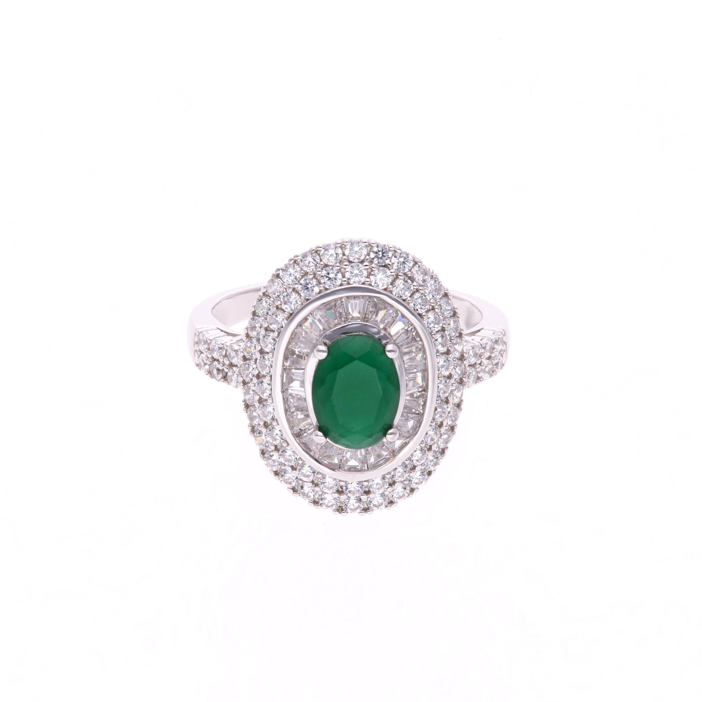 Anillo Plata Ley 925 con Rodio y Zirconia AAA Color Verde Esmeralda y Blanco Ovalado