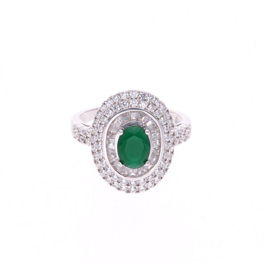 Anillo Plata Ley 925 con Rodio y Zirconia AAA Color Verde Esmeralda y Blanco Ovalado
