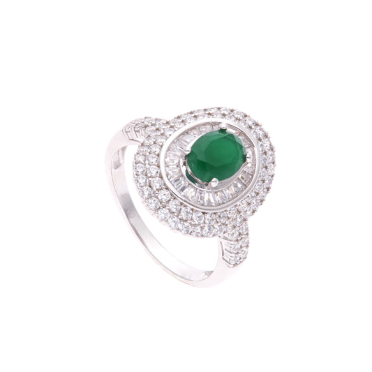 Anillo Plata Ley 925 con Rodio y Zirconia AAA Color Verde Esmeralda y Blanco Ovalado