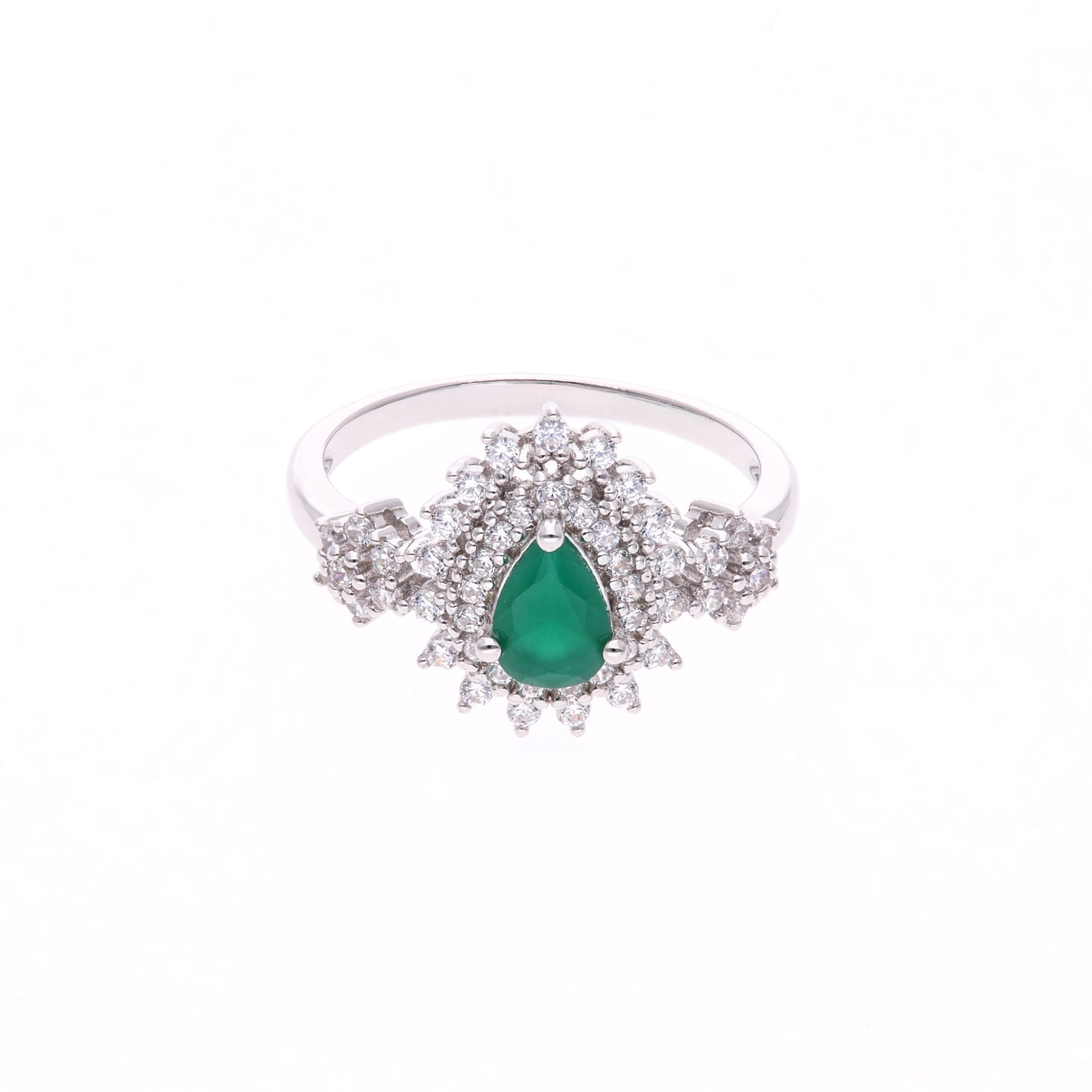 ANILLO EN PLATA LEY .925, CON RODIO , ZIRCONIA AAA VERDE ESMERALDA Y BLANCO