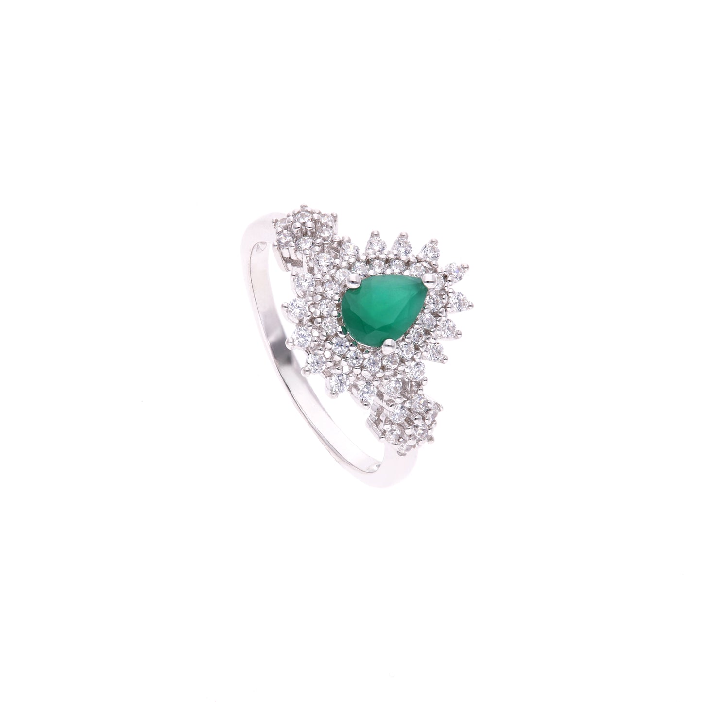 ANILLO EN PLATA LEY .925, CON RODIO , ZIRCONIA AAA VERDE ESMERALDA Y BLANCO