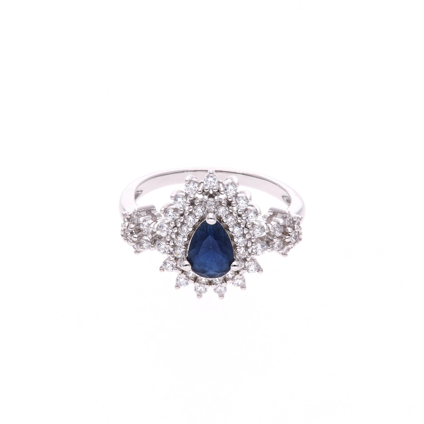 Anillo Plata Ley 925 con Rodio y Zirconia AAA Color Azul Zafiro y Blanco