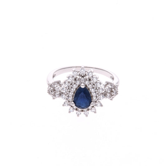 Anillo Plata Ley 925 con Rodio y Zirconia AAA Color Azul Zafiro y Blanco