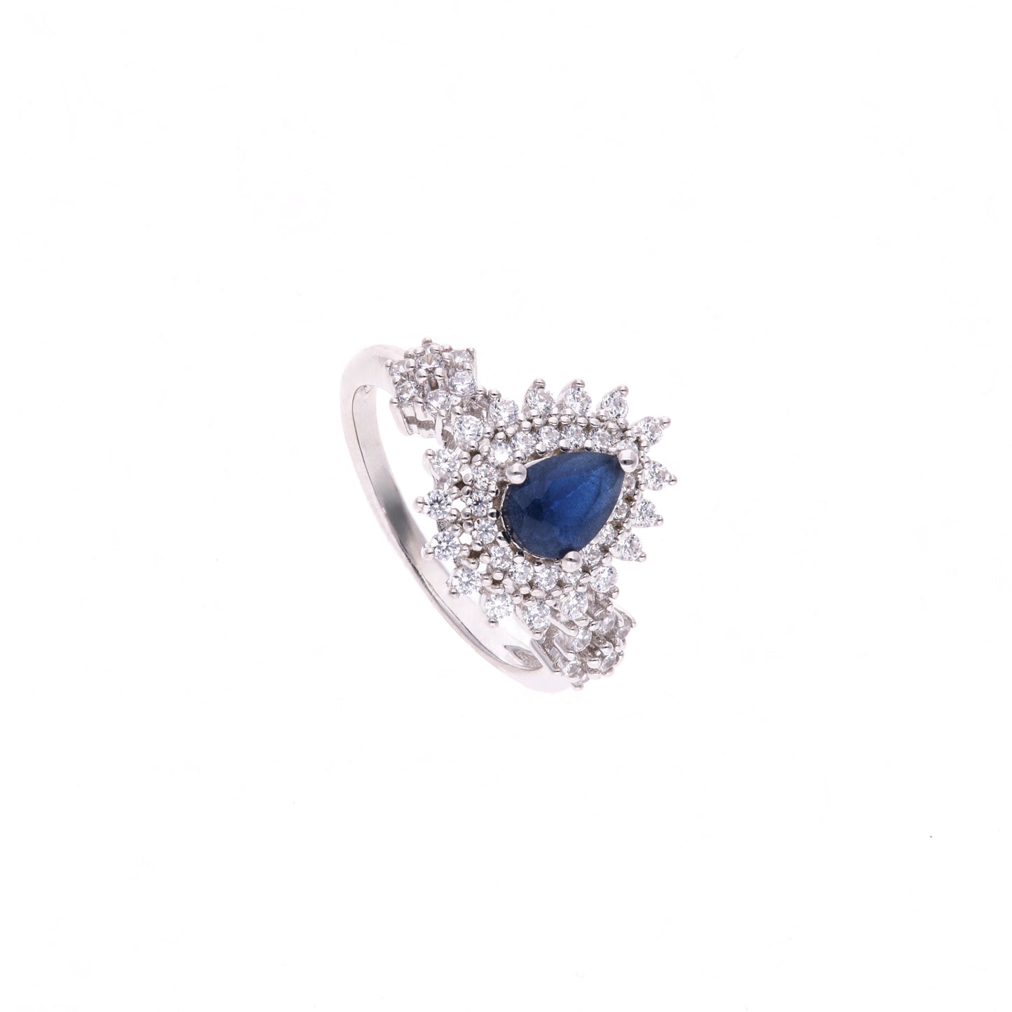 Anillo Plata Ley 925 con Rodio y Zirconia AAA Color Azul Zafiro y Blanco