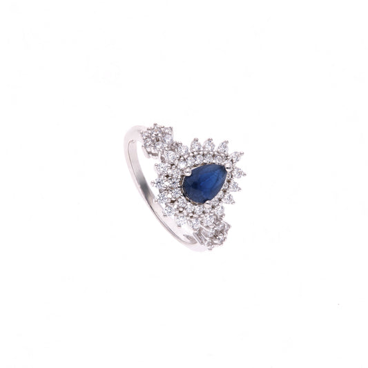 Anillo Plata Ley 925 con Rodio y Zirconia AAA Color Azul Zafiro y Blanco