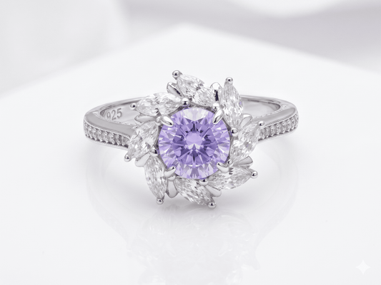 Anillo de Plata .925 - Banda con Pavé Milgrain, Halo Corona de Nieve Marquesas y Zircón Morado Lavanda