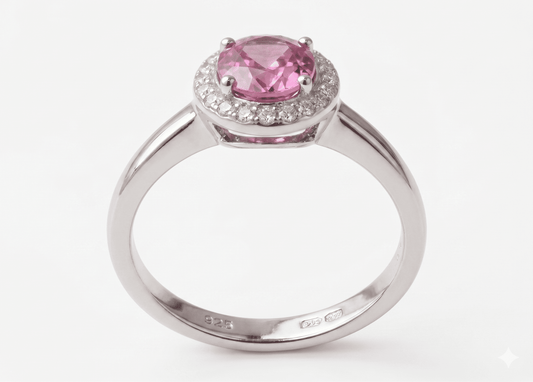 Anillo de Plata .925 - Banda Cónica con Cabeza Cuadrada, Halo de Pavé y Zircón Rosa Turmalina