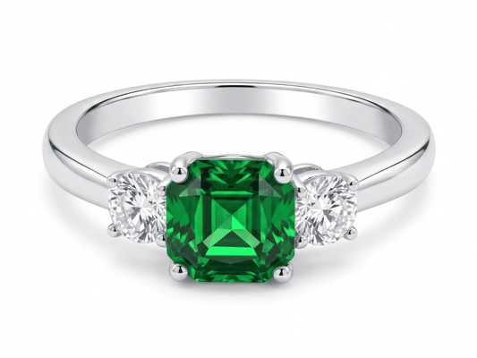 Anillo de Plata .925 - Trilogía de Tres Piedras con Zircón Verde Esmeralda en Corte Asscher