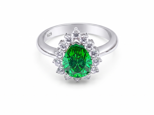Anillo de Plata .925 - Banda Cónica con Halo Corona Real y Zircón Verde Esmeralda en Corte Pera