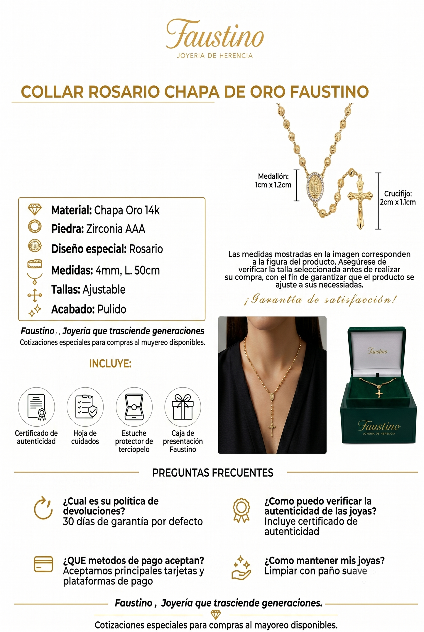 Rosario De Oro Laminado esmerilado Virgen de Guadalupe con Cruz 50 CM
