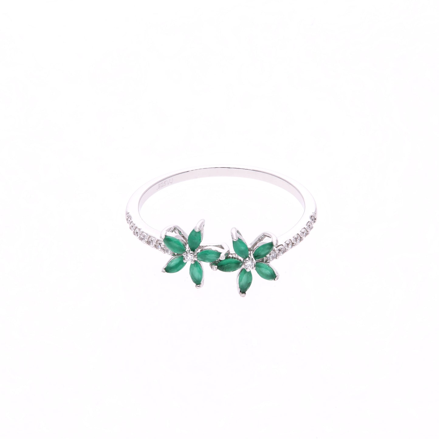 Anillo Plata Ley 925 con Rodio y Zirconia AAA Color Verde Esmeralda y Blanco en Forma de Dos Flores