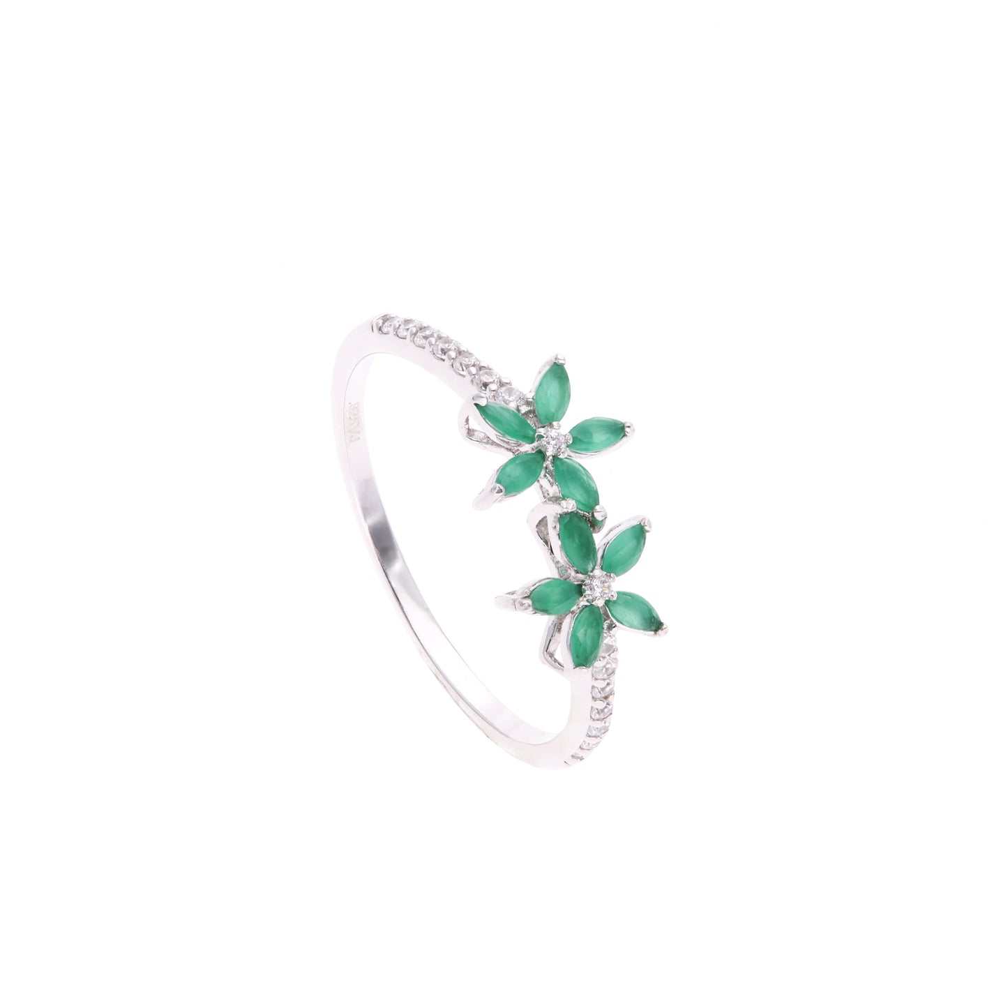Anillo Plata Ley 925 con Rodio y Zirconia AAA Color Verde Esmeralda y Blanco en Forma de Dos Flores