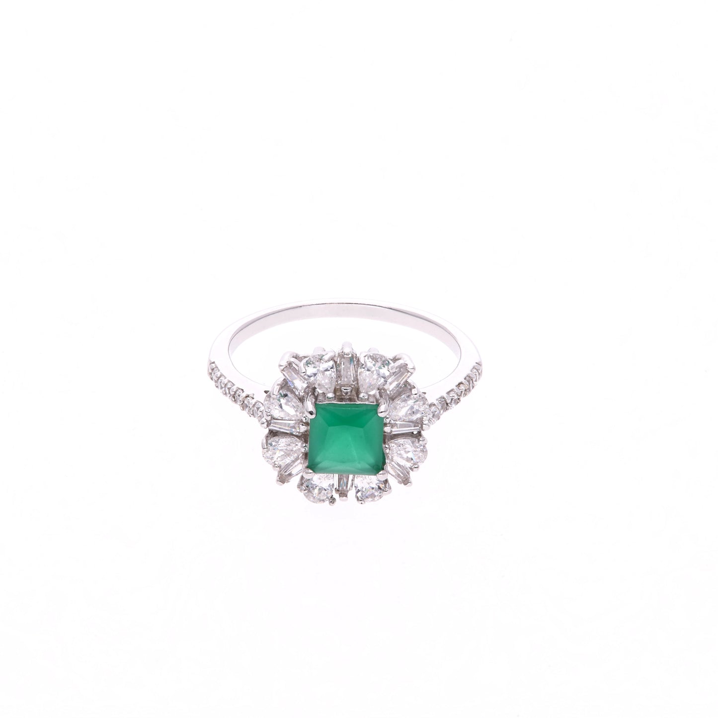 Anillo Plata Ley 925 con Rodio y Zirconia AAA Color Verde Esmeralda y Blanco
