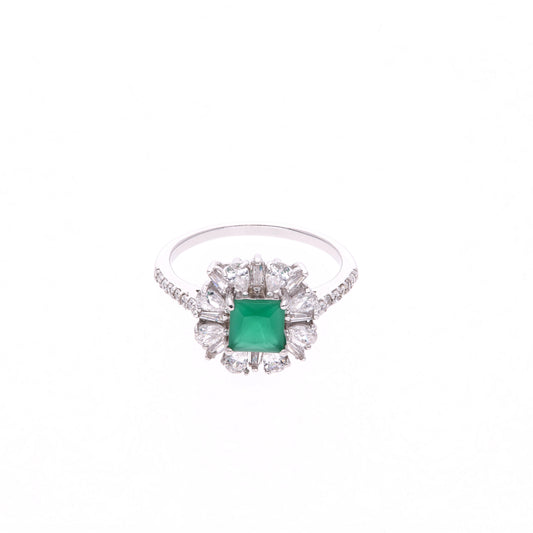Anillo Plata Ley 925 con Rodio y Zirconia AAA Color Verde Esmeralda y Blanco