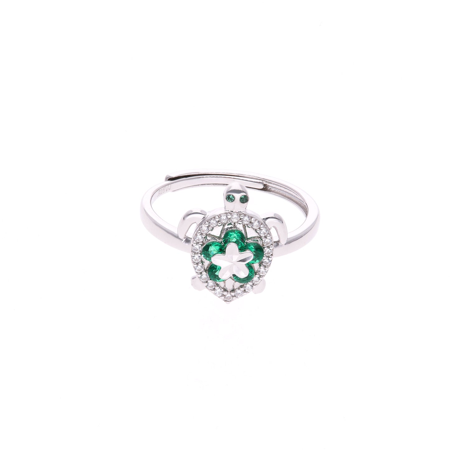 ANILLO EN PLATA LEY .925, CON RODIO , ZIRCONIA AAA VERDE ESMERALDA Y BLANCO, TORTUGA, AJUSTABLE