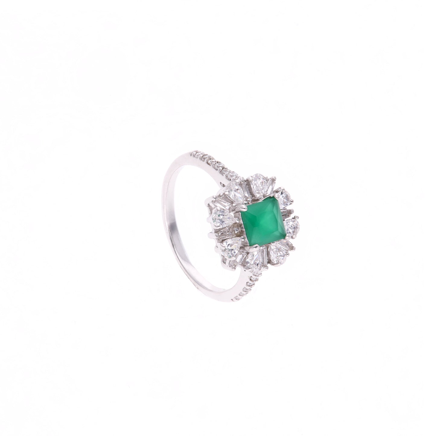 Anillo Plata Ley 925 con Rodio y Zirconia AAA Color Verde Esmeralda y Blanco