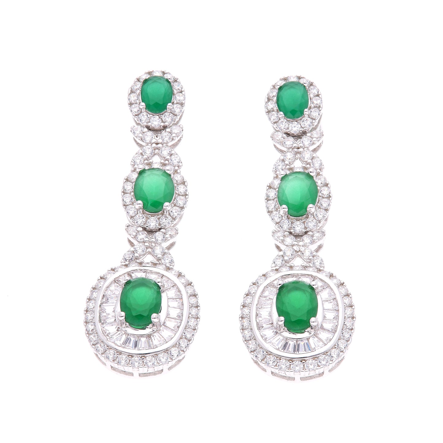 Aretes Plata Ley 925 con Rodio y Zirconia AAA Color Verde Esmeralda y Blanco Ovalado