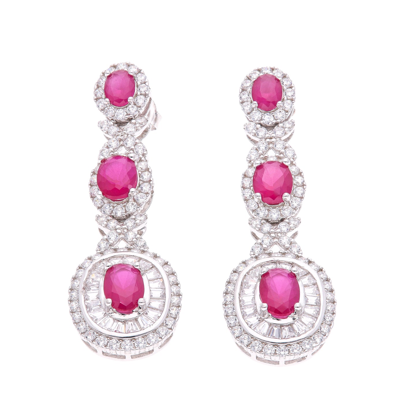 Aretes Plata Ley 925 con Rodio y Zirconia AAA Color Rojo Rubí y Blanco Ovalado