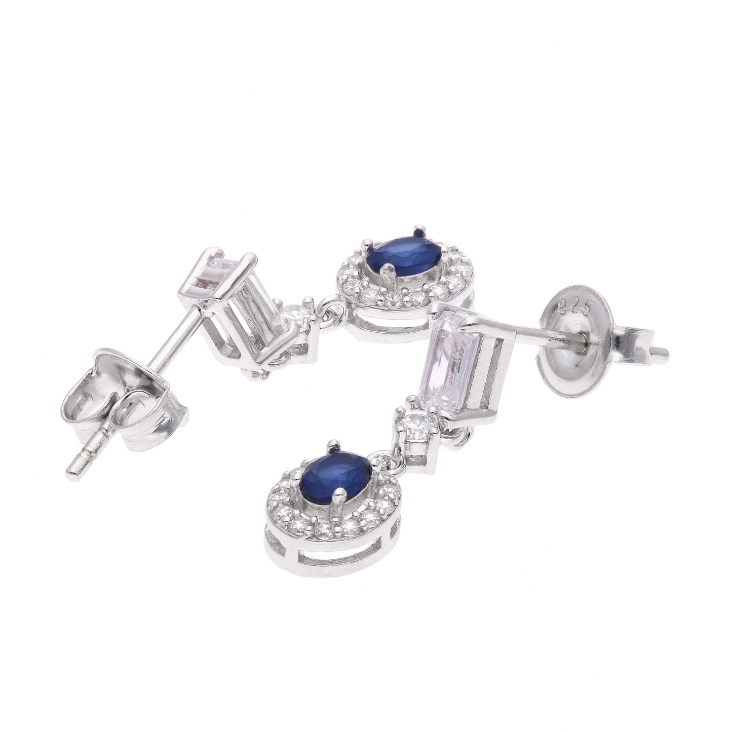 Aretes Plata Ley 925 con Rodio y Zirconia AAA Color Azul Zafiro y Blanco Ovalado
