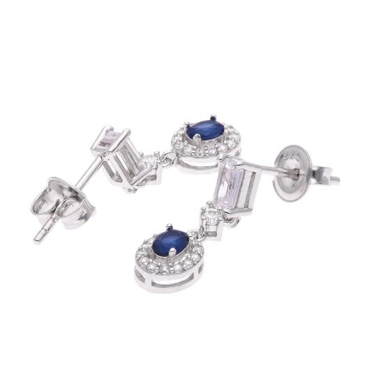 Aretes Plata Ley 925 con Rodio y Zirconia AAA Color Azul Zafiro y Blanco Ovalado