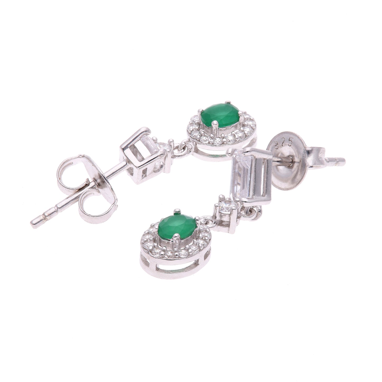 Aretes Plata Ley 925 con Rodio y Zirconia AAA Color Verde Esmeralda y Blanco
