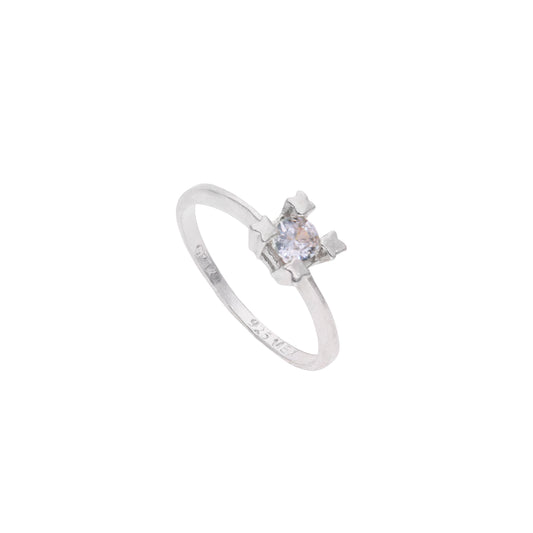 Anillo de Plata .925 - Solitario Minimalista con Engaste de Cuatro Garras Tipo Mariposa y Zircón Blanco