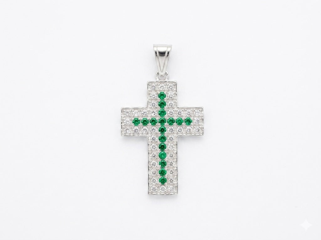 Dije de Plata .925 - Cruz con Zircones Esmeralda y Blancos