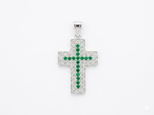 Dije de Plata .925 - Cruz con Zircones Esmeralda y Blancos