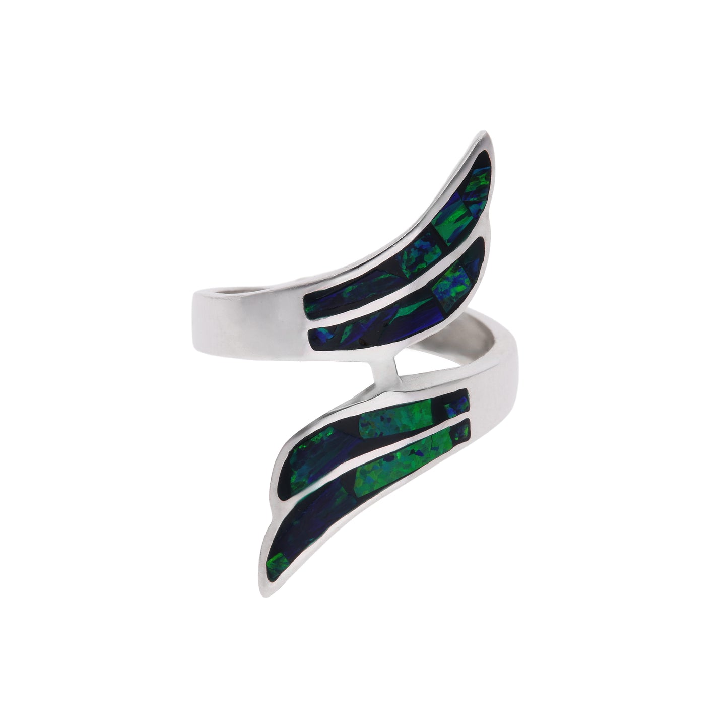 Anillo abierto bypass en plata esterlina .925 con dos alas curvas enfrentadas e incrustaciones de ópalo sintético verde oscuro con destellos azul profundo, hecho a mano en Taxco, Guerrero