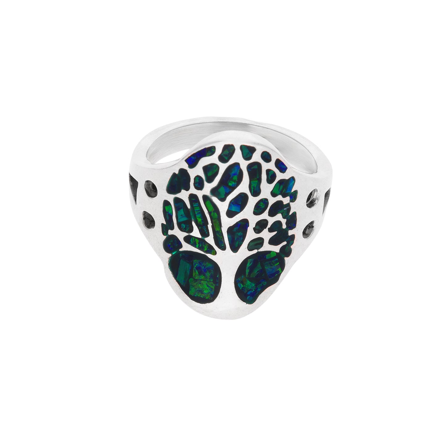 Anillo chevalier sello en plata esterlina .925 con motivo Árbol de la Vida en mosaico de ópalo sintético verde oscuro y zirconias cúbicas negras en laterales, hecho a mano en Taxco, Guerrero