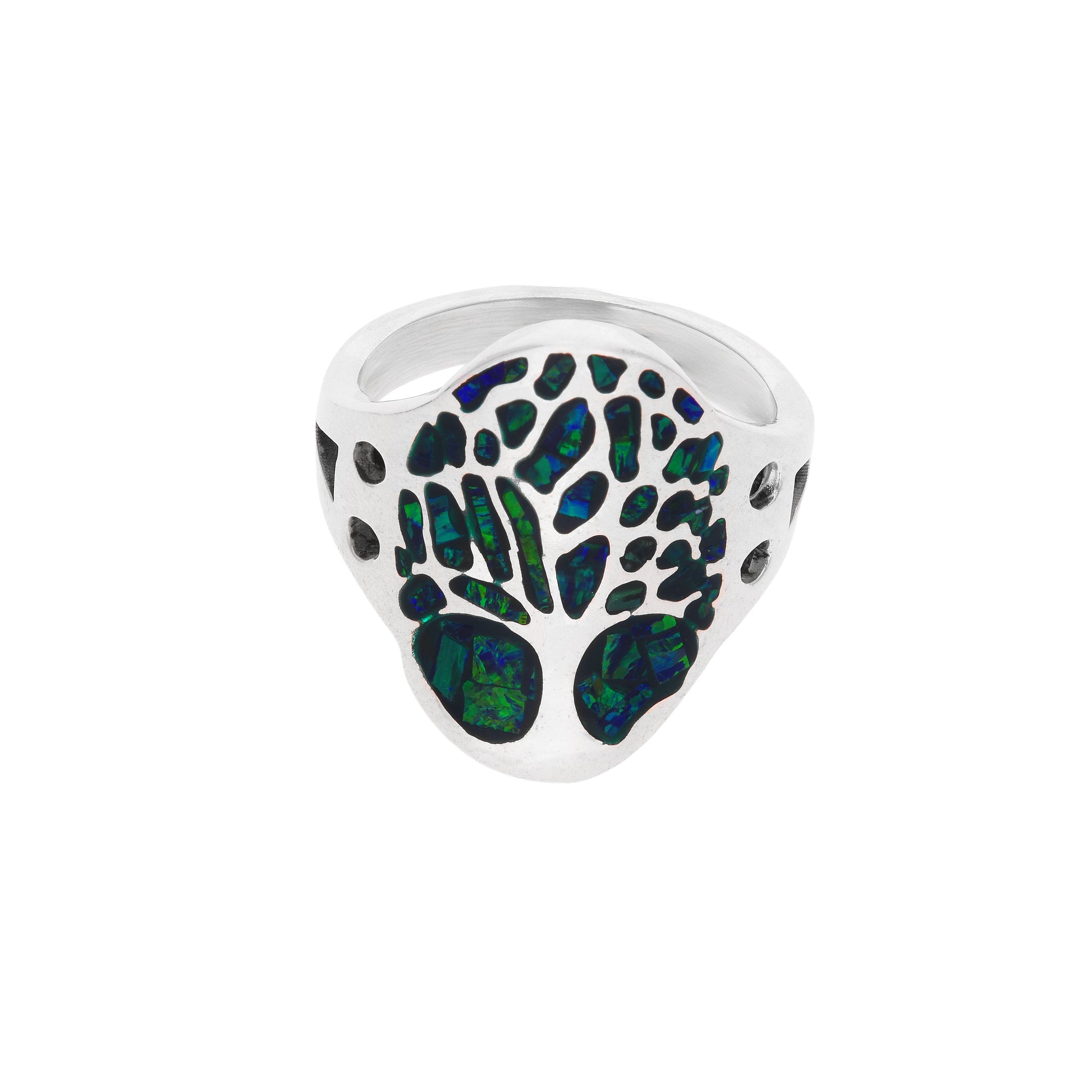 Anillo chevalier sello en plata esterlina .925 con motivo Árbol de la Vida en mosaico de ópalo sintético verde oscuro y zirconias cúbicas negras en laterales, hecho a mano en Taxco, Guerrero