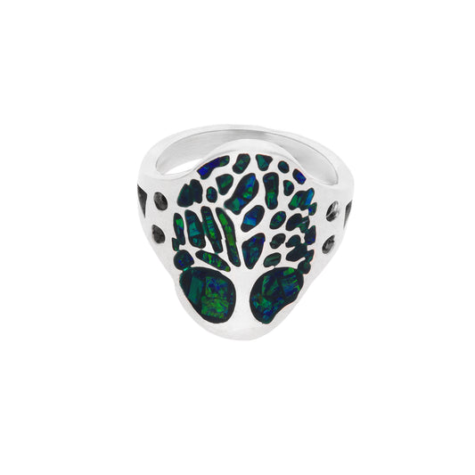 Anillo chevalier sello en plata esterlina .925 con motivo Árbol de la Vida en mosaico de ópalo sintético verde oscuro y zirconias cúbicas negras en laterales, hecho a mano en Taxco, Guerrero