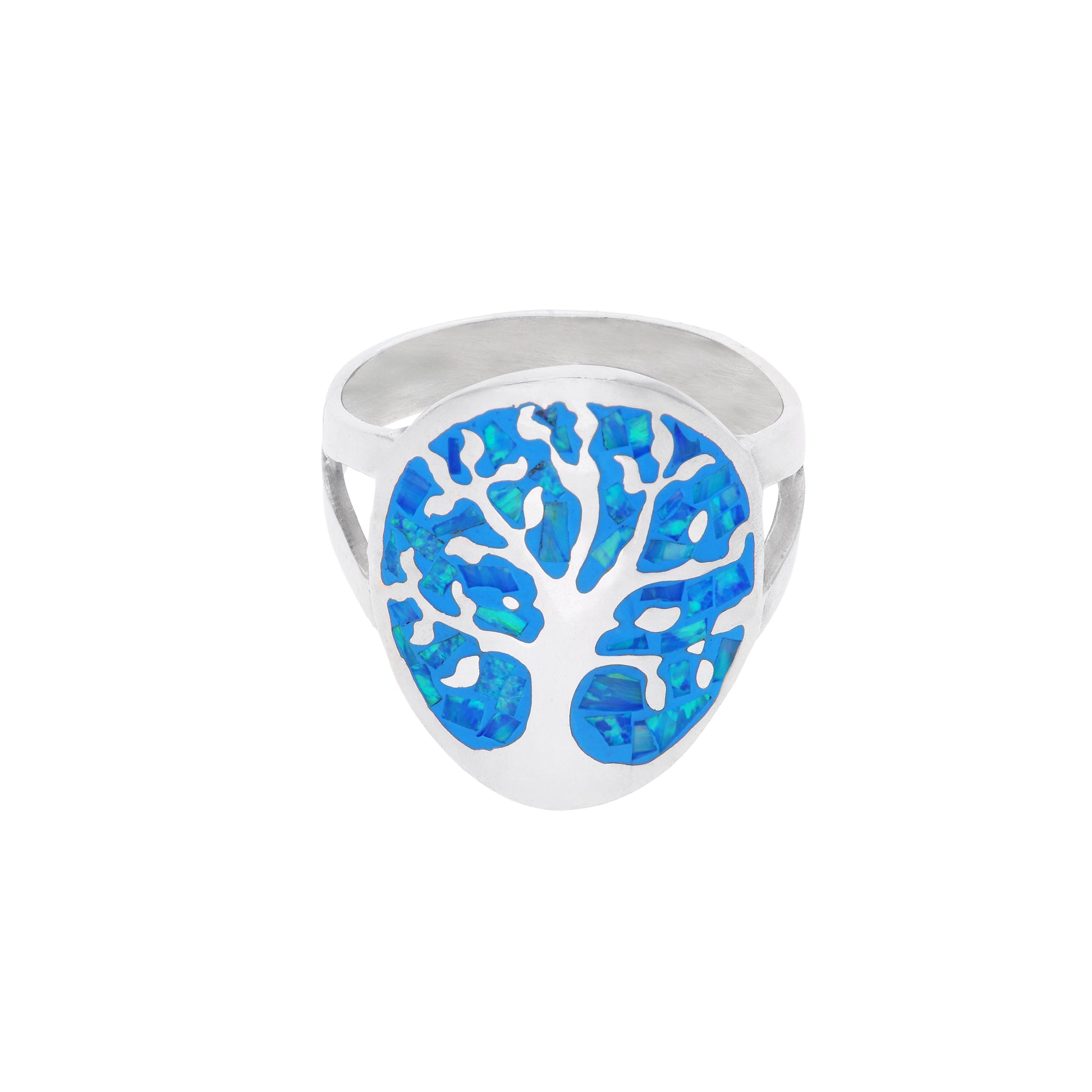 Anillo chevalier sello en plata esterlina .925 con motivo Árbol de la Vida calado sobre fondo de ópalo sintético azul cielo con destellos turquesa, hecho a mano en Taxco, Guerrero