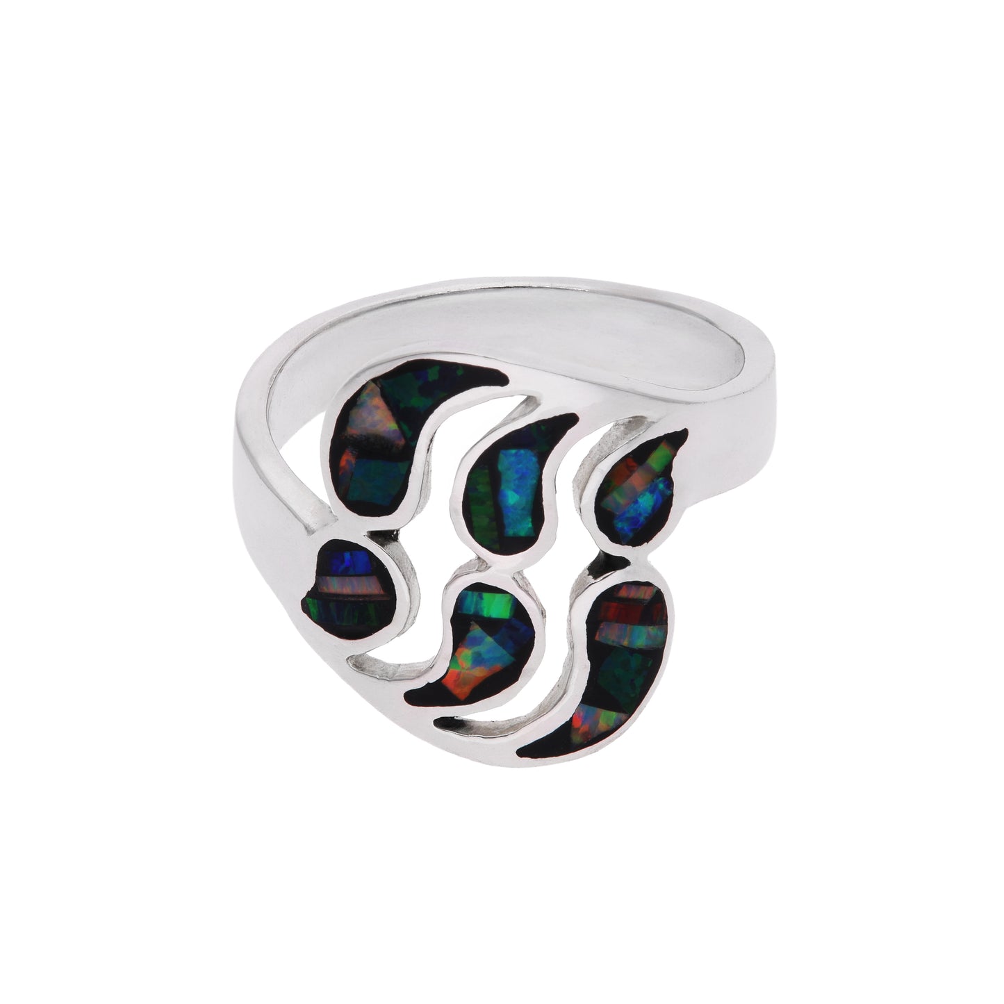Anillo chevalier sello en plata esterlina .925 con motivo Huella de Oso en seis celdas de ópalo sintético negro galaxy multicolor con destellos azul, verde y rojo, hecho a mano en Taxco, Guerrero