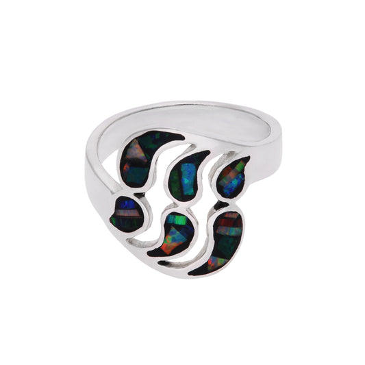 Anillo chevalier sello en plata esterlina .925 con motivo Huella de Oso en seis celdas de ópalo sintético negro galaxy multicolor con destellos azul, verde y rojo, hecho a mano en Taxco, Guerrero