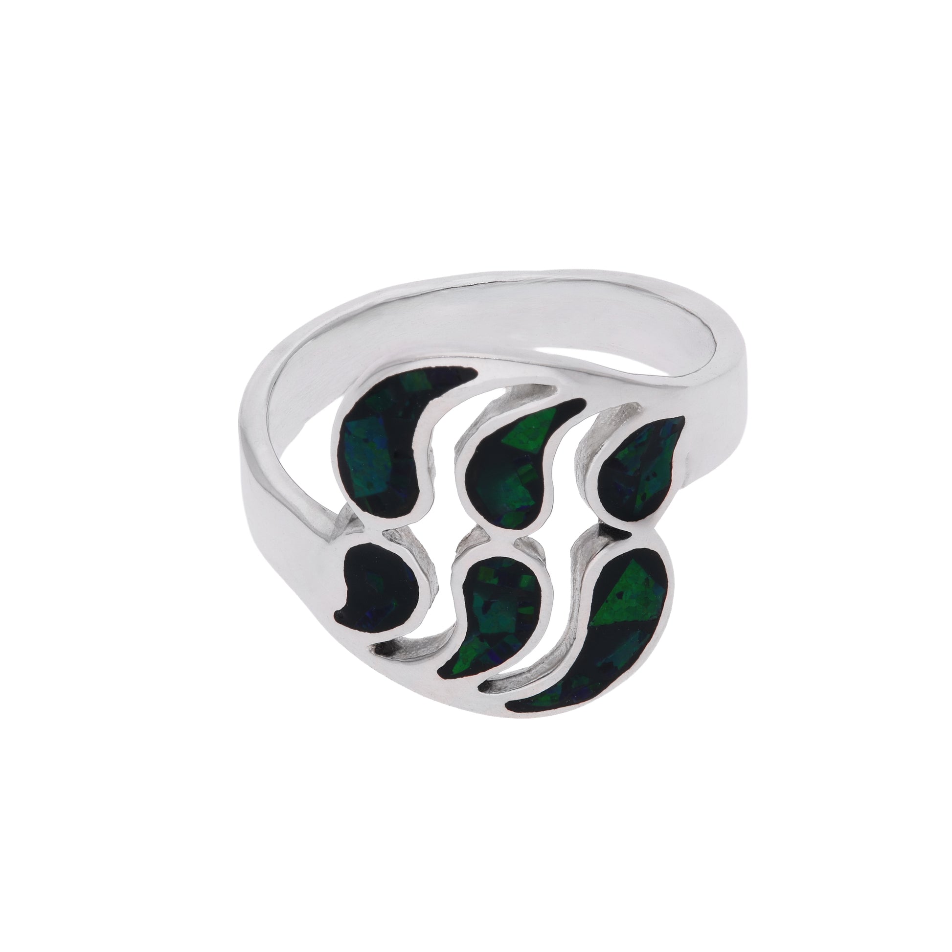 Anillo chevalier sello en plata esterlina .925 con motivo Huella de Oso en seis celdas de ópalo sintético verde oscuro con destellos azul y esmeralda, hecho a mano en Taxco, Guerrero